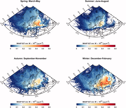 Fig. 8. The seasonally averaged endpoint-weighted concentration fields of equivalent black carbon (BCe) in 2012–2017.