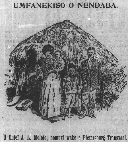 Chief J. L. Moloto and his family in Pietersburg Transvaal (Advert for Dr Williams Pills), engraving for newspaper, ‘Umfanekiso o nendaba’, Ilanga Lase Natal, 18 September 1903, p 8