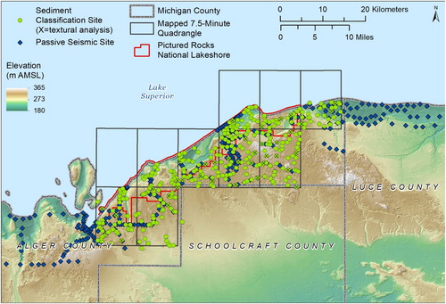 Figure 3. Locations of sediment classifications (372 sites) for surficial geology mapping and passive seismic data collection sites (347 total). Sediment classification sites with ‘X’ designate samples used in textural analysis.