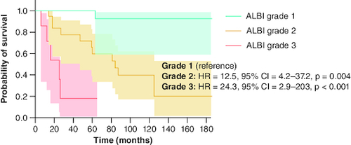 Figure 6. Liver event-free survival analysis by ALBI grades, using Kaplan–Meier model and log-rank test, for primary biliary cholangitis patients treated with ursodeoxycholic acid.ALBI: Albumin-bilirubin score; CI: Confidence interval; HR: Hazard ratio; PBC: Primary biliary cholangitis; UDCA: Ursodeoxycholic acid.
