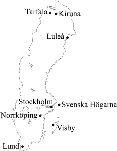 Fig. 2: Map of Sweden with the marked locations from which the weather data used in the study are taken