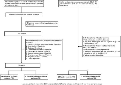 Figure 1 Study flowchart of participant recruitment. A schematic overview of the inclusion and exclusion criteria and the number of excluded subjects, and the number of patients finally included. Briefly, a total of 634 COVID-19 patients were included. 451 patients were removed from the study for either refusal to participate or in loss to the follow-up. Of the remaining 183 patients, 105 patients with underlying diseases before admission were excluded. The remaining 78 patients were stratified and assigned into a RM group and a RC group based on the severity of illness at admission. Meanwhile, we included 39 HCs and 18 RAs against criteria, serving as the control group. No statistically significant differences in age, sex, and body mass index (BMI) were found between HC and different recovered groups.
