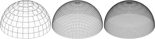 Figure 3. Sky discretizations with different resolutions: MF1, MF4 and MF6 with 145, 2305 and 5185 sky segments, respectively.