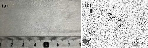 Figure 12. (a) Photograph of surface and (b) optical micrograph at 50× magnification of AA6111 alloy strip obtained via pilot-scale horizontal single belt casting (reprinted with permission from Niaz et al., Citation2020b)