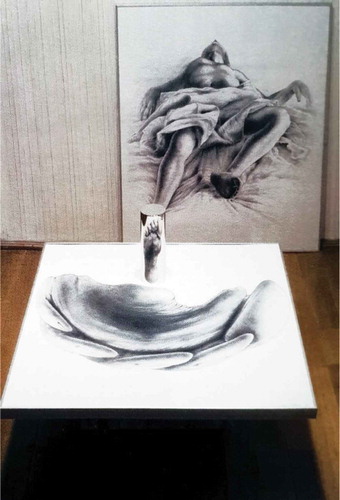 Figure 5. István Orosz. Anamorphic body landscapes IV. 1989. Drawing on paper and metallic cylinder. (Artwork copyright © István Orosz. Photograph copyright © Al Seckel). (Seckel, Citation2004).