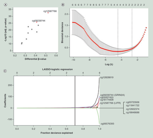 Figure 4. Identification of two candidate CpG sites. (A) Scatter plot of biological significance (differential β-value) versus the statistical significance (-log10[adjusted p-value]) showing the differences of ten CRC/precursors-specific CpGs between tumor and normal samples in training set. (B) Five-fold cross-validation in the LASSO logistical regression analysis for determining the tuning parameter (λ). The two dotted vertical lines are drawn at the optimal values by minimum criteria (left) and 1-SE criteria (right), respectively. (C) LASSO logistic regression coefficient profiles of the ten CpGs. A vertical line is drawn at the optimal value by one SE criteria and two CpGs (cg09239744 and cg12587766) with nonzero coefficients were obtained.CRC: Colorectal cancer; LASSO: Least absolute shrinkage and selector operation; SE: Standard error.