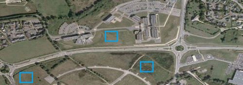 Figure 1. Aerial map from Bing Maps© with blue rectangles highlighting zones that have been recently transformed.