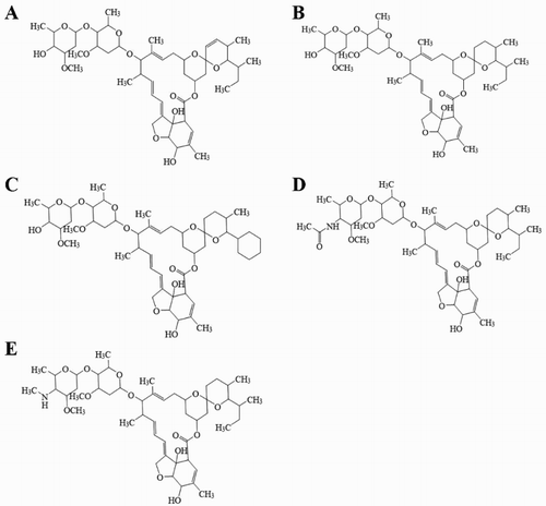Figure 1. The structure of AVM structural analogues: (A) AVM; (B) IVM; (C) DOR; (D) EP and (E) EMM.
