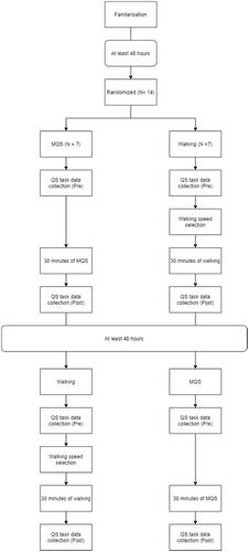 Figure 1. caption. Schematic of the data collection during quiet standing trials (QS) before and after the randomised order of the modified quiet standing (MQS) and walking task allocation.