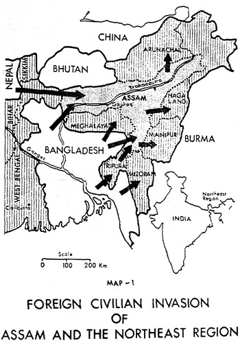 Figure 11. This map, from a book titled Assam’s Agony, claimed to unveil the “unwritten conspiracy” behind “mass infiltration” from Bangladesh.Footnote100 SOURCE: Van Schendel Citation2005, 196.