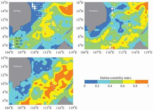 Figure 5. Spatial distribution of habitat suitability index (HSI) on the fishing ground of Sthenoteuthis oualaniensis overlain with the fishing efforts from spring to autumn in 2017 in the South China Sea