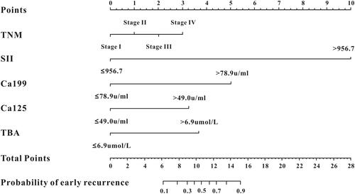 Figure 4 The recurrent nomogram was established on the basis of TNM stage, systemic immune-inflammation index, CA-199, CA-125 and total bile acid.