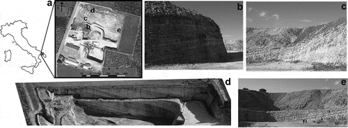 Figure 1. (a) Ortophoto of the quarry, showing also location of the study site within Italy; (b–e) sub-vertical walls and main geomorphological features of the studied area.