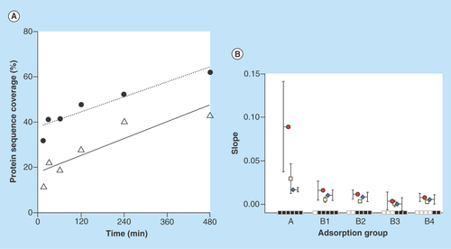 Figure 4  Evaluation of protein adsorption behaviour.(A) Protein sequence coverage change. The slope of protein sequence change depending on time for serum albumin (solid line) and cystatin-C (dashed line) is the linear regression of all sample points (15–480 min). Proteins identified with two unique peptides at least at one time point in interval. (B) Mean slope parameter values. The mean slope value for protein score (red circle), peptide spectrum match (white square) and protein sequence coverage (blue diamond), for different adsorbing behavior groups, which from left to right are: A (15–480), B1 (30–480), B2 (60–480), B3 (120–480), B4 (240–480) min. Proteins identified with two unique peptides at least at one time point in the time interval.