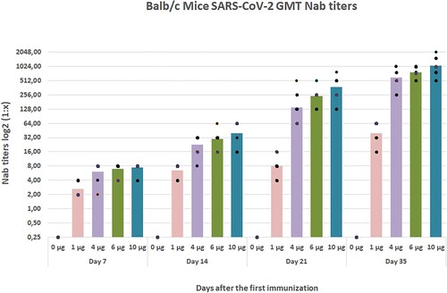 Figure 9. Mouse neutralization antibody (NAb) levels with different doses by two-dose immunization. Mice were injected intraperitoneally (IP) route by using two-time immunization (D0/D21), and the NAb levels 35 days after the first immunization were tested by the microneutralization method (n = 10).