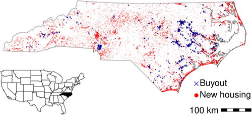Figure 1. New floodplain housing has been constructed across the state, whereas buyouts are clustered in certain areas. Map depicts new floodplain construction (circles) and voluntary property buyouts (crosses) in North Carolina from 1996 to 2017.