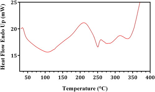 Figure 4. Thermal behaviour of GO/NHs by DSC analysis from 35 to 400 °C at a heating rate of 20 °C min−1 under a flowing nitrogen atmosphere.