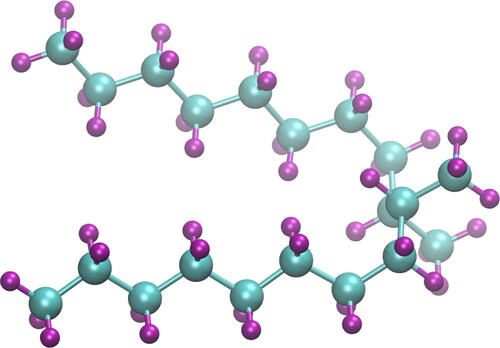 Figure 1. Molecular structure of 9,10-dimethyloctadecane, main component of PAO-2. Carbons are shown as cyan spheres and hydrogens as purple spheres. The conformation shown is prior to equilibration and, therefore, has a relatively linear structure.