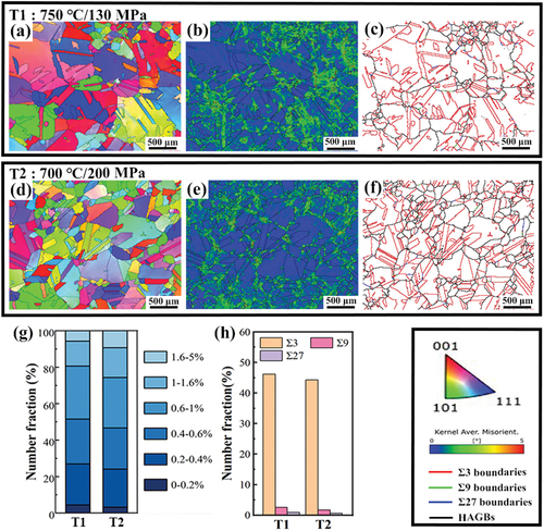 Figure 9. EBSD analysis results of the alloy after creep at of 750°C/130 MPa and 700°C/200 MPa. (a, d) inverse pole figure (IPF), (b, e) kernel average misorientation (KAM) figure (red lines: low angle grain boundary (2°–15°); black lines: high angle grain boundary (>15°)), (c, f) coincidence site lattice (CSL) boundary figure, (g) strains calculated by KAM results, (h) the proportion of various coincidence site lattice (CSL) grain boundaries.