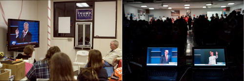 Figure 1. Visualization of audience response: Public viewing of the televised debates. Photographs: Left: Wright (Citation2016), Right: Heissler (Citation2016).