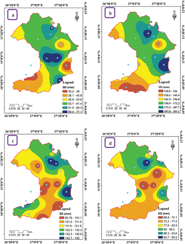 Figure 6. Spatial distribution of SD (mm) of annual (a), kiremt (b), bega (c) and belg (d) rainfall in west Gojjam zone, central highlands of Abbay Basin (2001–2020).