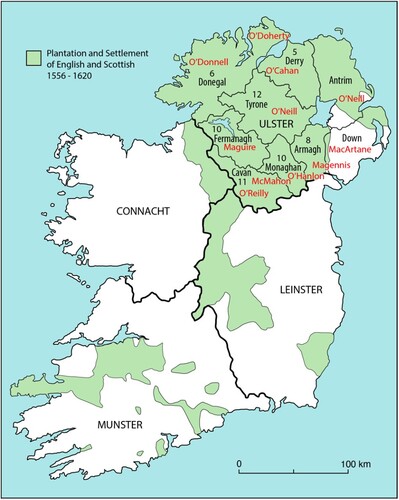Figure 1. Gaelic Irish territories preceding the Ulster Plantation (prepared by Libby Mulqueeny, after https://sites.rootsweb.com/~irlkik/ihm/gif/ire1600.gif).
