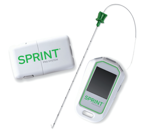 Figure 1. The 60-day peripheral nerve stimulation system (SPRINT PNS System; SPR Therapeutics, OH, USA) consists of an external, body-mounted pulse generator that is controlled by a wireless patient remote. Stimulation is delivered through percutaneous, coiled leads typically placed under ultrasound or fluoroscopic guidance.