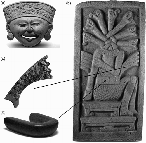 Figure 1. Diagnostic elements of the Classic period Central Veracruz Culture: (a) Smiling Face figure (only in South Central Veracruz), and elements related to the decapitation ritual and ball game paraphernalia; (b) Vega de Aparicio stela; (c) hacha with interlaced scroll pattern; (d) plain yoke (Photo credits: (a) code 03250 1/4; (b) code 00337-1; (c) code 0086-2; (d) code 00488-1, reproduced with permission 068/2015 of the Museo de Antropología de Xalapa, de la Universidad Veracruzana).
