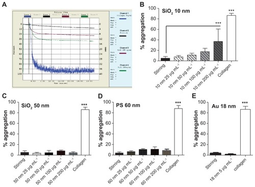 Figure 8 Effects of silica, polystyrene, and gold nanoparticles on platelet aggregation using light aggregometer. (A) Representative traces from aggregometry studies in platelet-rich plasma in the presence or absence of 10-nm silica nanoparticles. Collagen (blue line) was used as a positive control; stirring platelets in the absence of nanoparticles (black line) were used as negative control. Only 200 μg mL−1 (green line) induced significant platelet aggregation. Quantitative analysis of (B) 10-nm silica nanoparticles with all concentrations tested, (C) 50-nm silica nanoparticles with all concentrations tested, (D) 60-nm polystyrene nanoparticles with all concentrations tested, and (E) gold nanoparticles.Notes: Data expressed as mean ± standard deviation. ***P < 0.001 versus stirring.Abbreviations: Au, gold; min, minutes; PS, polystyrene; sec, seconds; SiO2, silica.