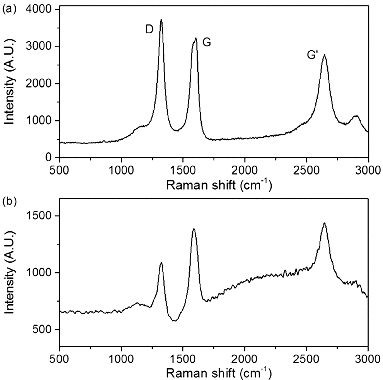 Figure 1. Raman spectra at 633 nm of (a) MWNTs and (b) PEI-MWNTs.