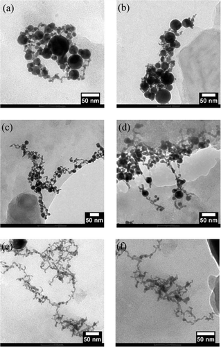 Figure 3. Electron micrographs of gold nanowire networks produced by laser ablation at (a) and (b) 1064 nm, (c) and (d) 532 nm, and (e) and (f) 355 nm.
