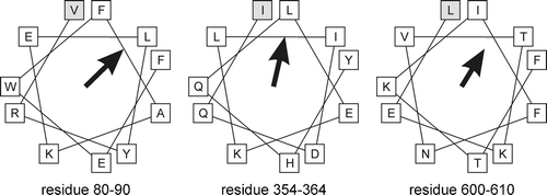 Figure 7.  Helical wheel representation of potential amphipathic helices in Gut2. The length and direction of the arrow represent the hydrophobic moment of the indicated 11 residues. The N-terminal amino acids in these windows are depicted in the grey boxes.