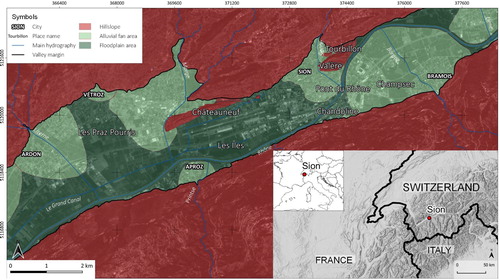 Figure 1. Location of the study area and main units: hillslope, alluvial fan areas and floodplain areas.