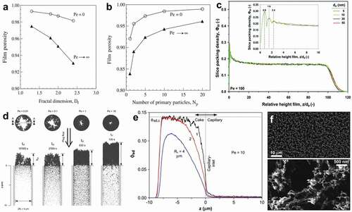 Figure 5. (a) Limiting porosities as a number of primary particles in an agglomerate. (b) Limiting porosities as a function of fractal dimension (Df). (c) Representive slice packing density profiles in the ballistic diffusion regime. (d) Structures of aerosol deposited formed by filtration of nanoparticles (50 nm) for Pe = 0.01–10. (e) Solid volume fraction profile for Pe = 10 and Rc = 1, 2, 4 μm. (f) Top-view SEM of SnO2 nanoparticle aerosol film deposited using FSP with 98% porosity. Reprinted with permission [Citation3,Citation15,Citation16,Citation55]