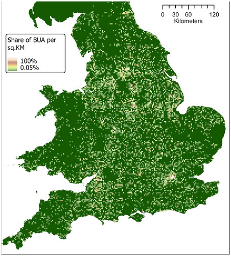 Figure 13. Share of built-up area, our data aggregated in hexagonal tiles of 1 sq.KM.