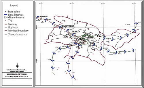 Figure 10. Hinterland of Tehran based on time intervals (Rezaii and Vusat Citation2011). FootnoteNotes.