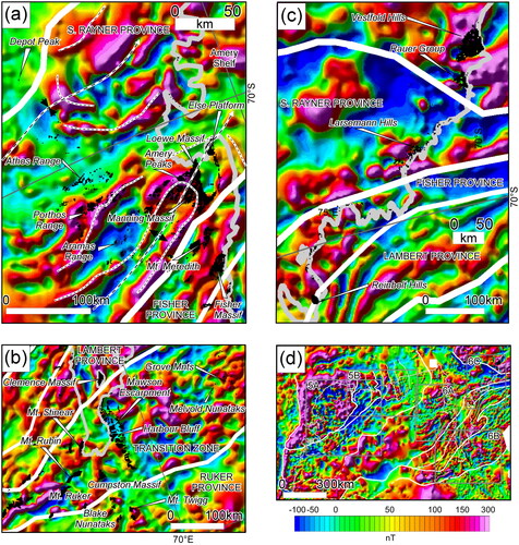 Figure 6. Sun-shaded, reduced to the pole images highlighting the locations of outcrops where the geophysical expression of the rocks is discussed. (a) Northern Prince Charles Mountains (Southern Rayner Province) and the adjacent part of the Fisher Province. Location of continuous magnetic anomalies and the interpreted position of regional fold axial traces are shown. (b) Lambert Province, Transition Zone and Ruker Province. (c) Southern Rayner Province, Fisher Province and Lambert Province along the eastern Amery Shelf. (d) Locations of the maps in Figures 5 and 6. All data are projected in Universal Polar Stereographic South (UPSS) and rotated 90° clockwise.