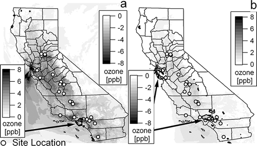 Figure 7. Difference in the IC in O3 between the SAPRC99 and SAPRC07C mechanisms in response to (a) 20% NOx or (b) 20% VOC emissions reductions on the basis of a uniform O3 concentration of 75 ppb (ICSAPRC99 - ICSAPRC07) (see Equationeq 1 for the definition of IC).