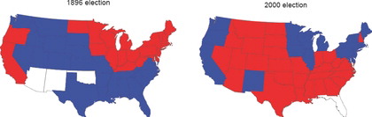 Figure 1. States won by the Democratic presidential candidates (William Jennings Bryan in 1896 and Al Gore in 2000) in blue and by the Republican candidates (William McKinley in 1896 and George W. Bush in 2000) in red. The maps are nearly exact opposites of each other.