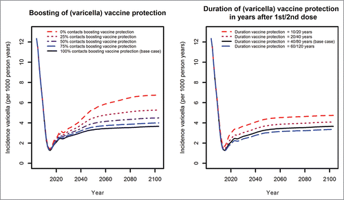 Figure 6. Effects of different boosting (left) and waning scenarios (right, duration in years) on varicella incidence.