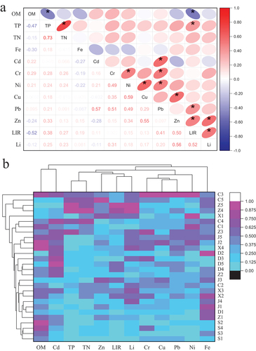 Figure 8. Correlation coefficients (a) and heatmap analysis (b) among heavy metals, TN, TP, OM, LIR and Li and in the river sediment (* indicates the correlation is significant at the 0.05 level [two-tailed]). Luminous inhibition rate (LIR), Lethality of D. magna (Li).