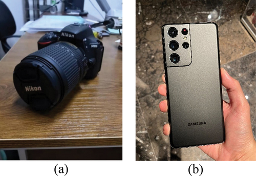 Figure 7. Cameras used for the experiment: (a) NIKON D5600; (b) Samsung Galaxy S21 Ultra Camera system.