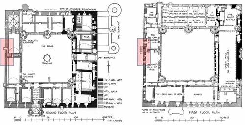 Figure 4. Historic ground and first floor plans of Linlithgow Palace with ‘Region of Interest’ (ROI, see Figure 6) indicated to left hand side wall highlighted in red. RCAHMS (Canmore archive) (note that Chalmer was old Scots for Chamber).