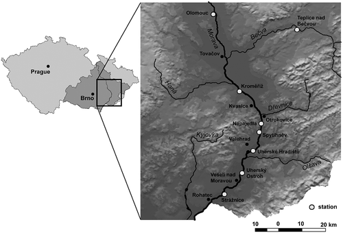 Fig. 1 Schematic illustration of the River Morava catchment in the territory of the Czech Republic, indicating the section of the river studied and the hydrological stations used in the study.