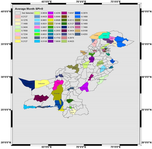 Figure 7. The latitude and longitude of the selected stations and their monthly average drought for SPI-3 < 0 in selected time period.