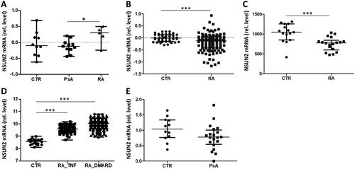 Figure 6. Expression levels of NSUN2 in RA and PsA patients and in healthy individuals. (A) RT-qPCR analysis was used to analyse NSUN2 expression in PBMCs from CTR individuals and from patients with PsA and RA. (B–E) Microarray datasets GSE17755 (B), GSE15573 (C), GSE45291 (D) and GSE61281 (E) were used to quantify relative NSUN2 expression levels in whole blood (GSE17755, GSE45291, GSE61281) or PBMCs (GSE15573) of the same patient and control groups. RA_TNF and RA_DMARD indicate RA subgroups characterized by inadequate responses to anti-TNFα and DMARD treatment, respectively. Mann–Whitney two-sample tests were performed to examine the differences between different groups (*p < 0.05; **p < 0.01; ***p < 0.001).