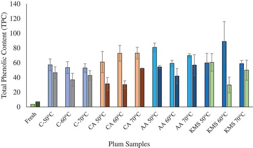 Figure 7. Total Phenolic Content (TPC) for treated and untreated Genotype V91074 and V95141 dried at 50°C, 60°C, and 70°C