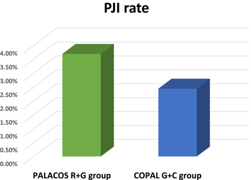 Figure 3 PJI rate within 1 year in period from 2015 to 2018 in group “PALACOS R+G” with mixed PJI risk profiles (92,8%) and in group “COPAL G+C (7,2%) with exclusive high-risk profile according to our recent risk stratification algorithm.