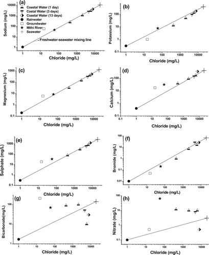 Figure 4. (a–h) Mixing plots showing the variation of different ions with respect to chloride concentration.