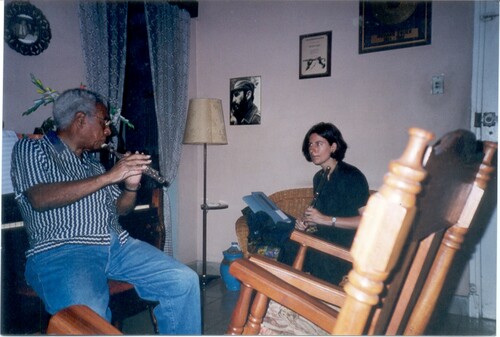 Figure 1. Richard Egües and Sue Miller. Charanga flute improvisation lesson, Havana, April 2001.